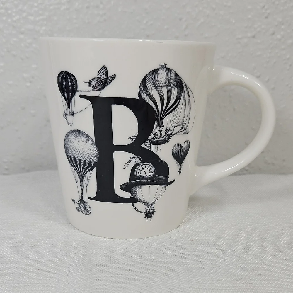 Williams Sonoma White Clockpunk Ceramic Mug with Black Buoyant Balloons